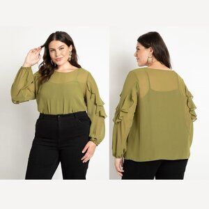 Eloquii‎ Plus Size Women's Ruffle Cascade Sleeve Blouse Olive Business Office